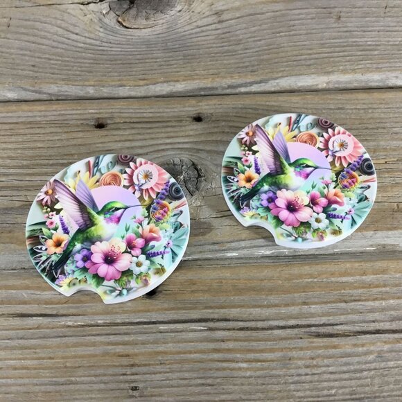 Hummingbird Pastel Flowers Car Coasters - Picture 2 of 6